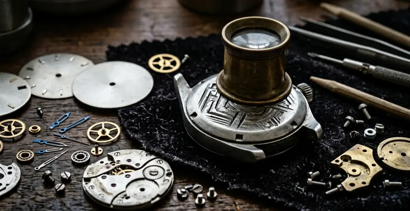 Gros plan sur une gravure PROTO au dos d'un boîtier de montre avec une loupe d'horloger