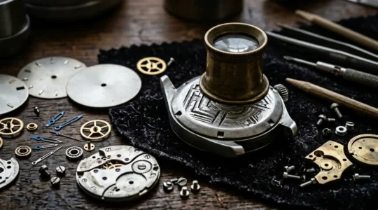 Gros plan sur une gravure PROTO au dos d'un boîtier de montre avec une loupe d'horloger