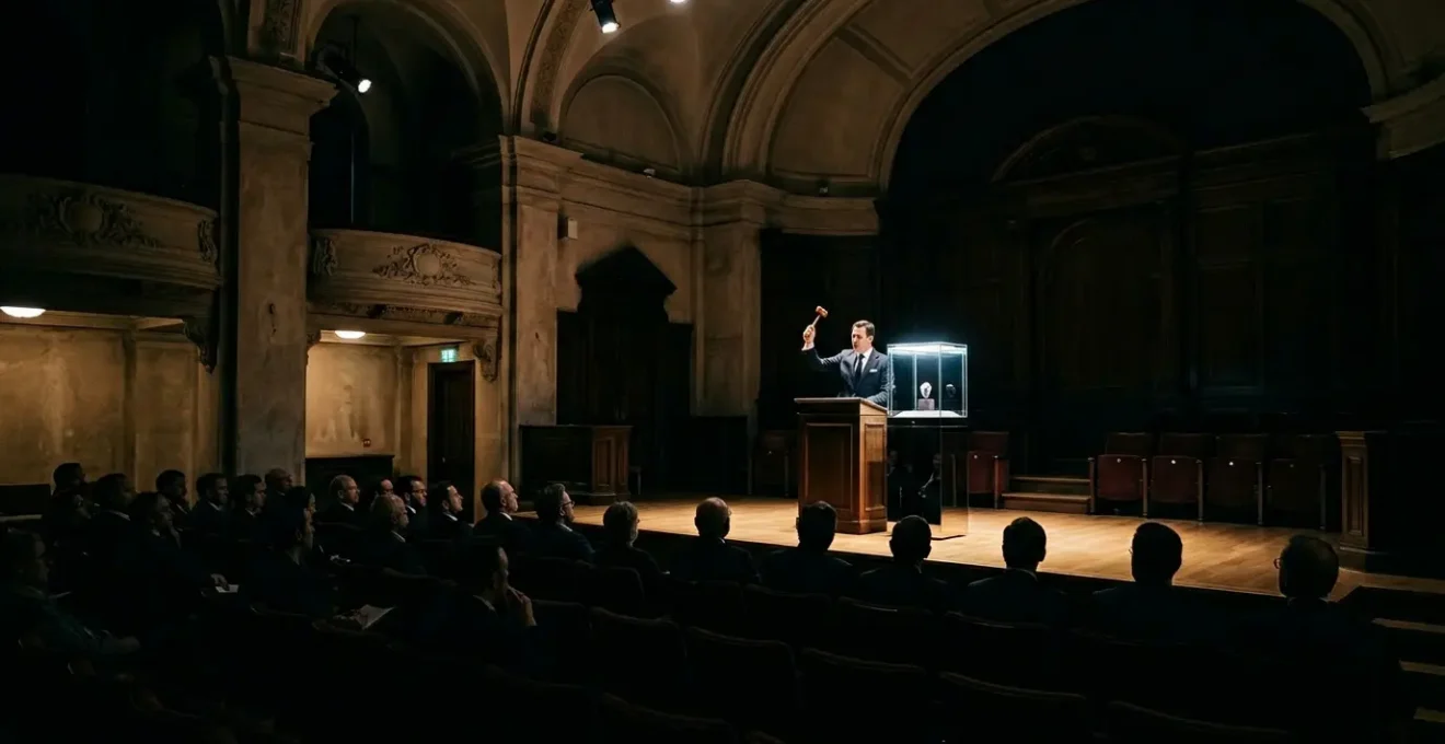 Vue atmosphérique d'une salle d'enchères prestigieuse avec des collectionneurs observant une montre de luxe mise aux enchères