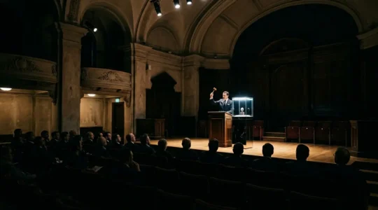 Vue atmosphérique d'une salle d'enchères prestigieuse avec des collectionneurs observant une montre de luxe mise aux enchères