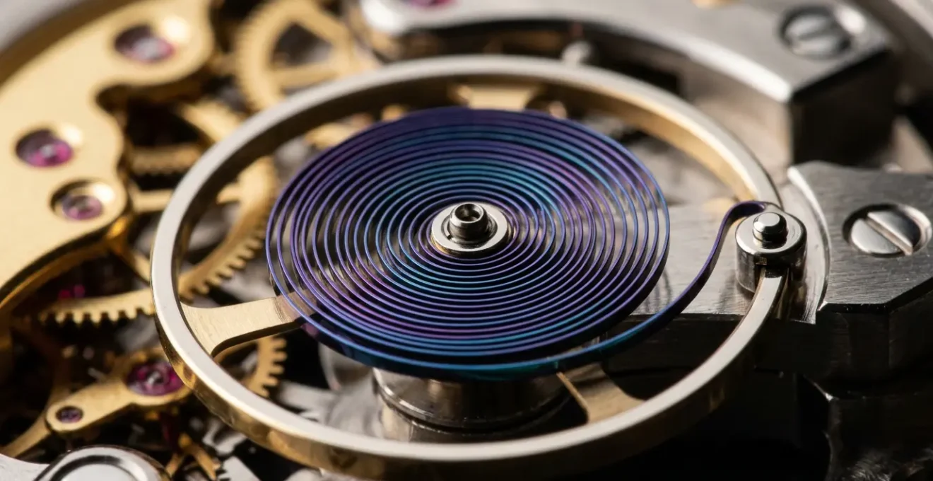 Gros plan sur un spiral en silicium dans un mouvement horloger moderne