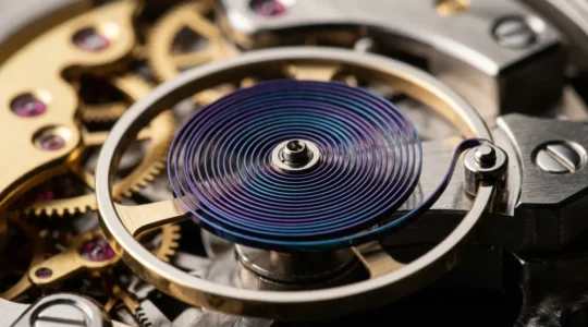 Gros plan sur un spiral en silicium dans un mouvement horloger moderne