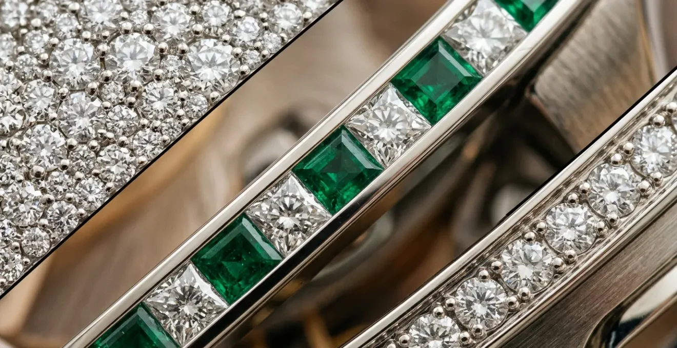 Vue macro d'un cadran de montre de luxe avec différentes techniques de sertissage de diamants sous lumière naturelle