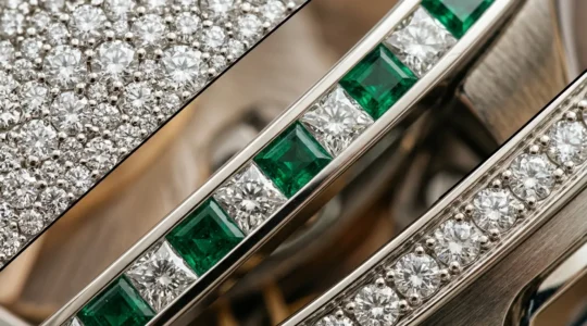 Vue macro d'un cadran de montre de luxe avec différentes techniques de sertissage de diamants sous lumière naturelle