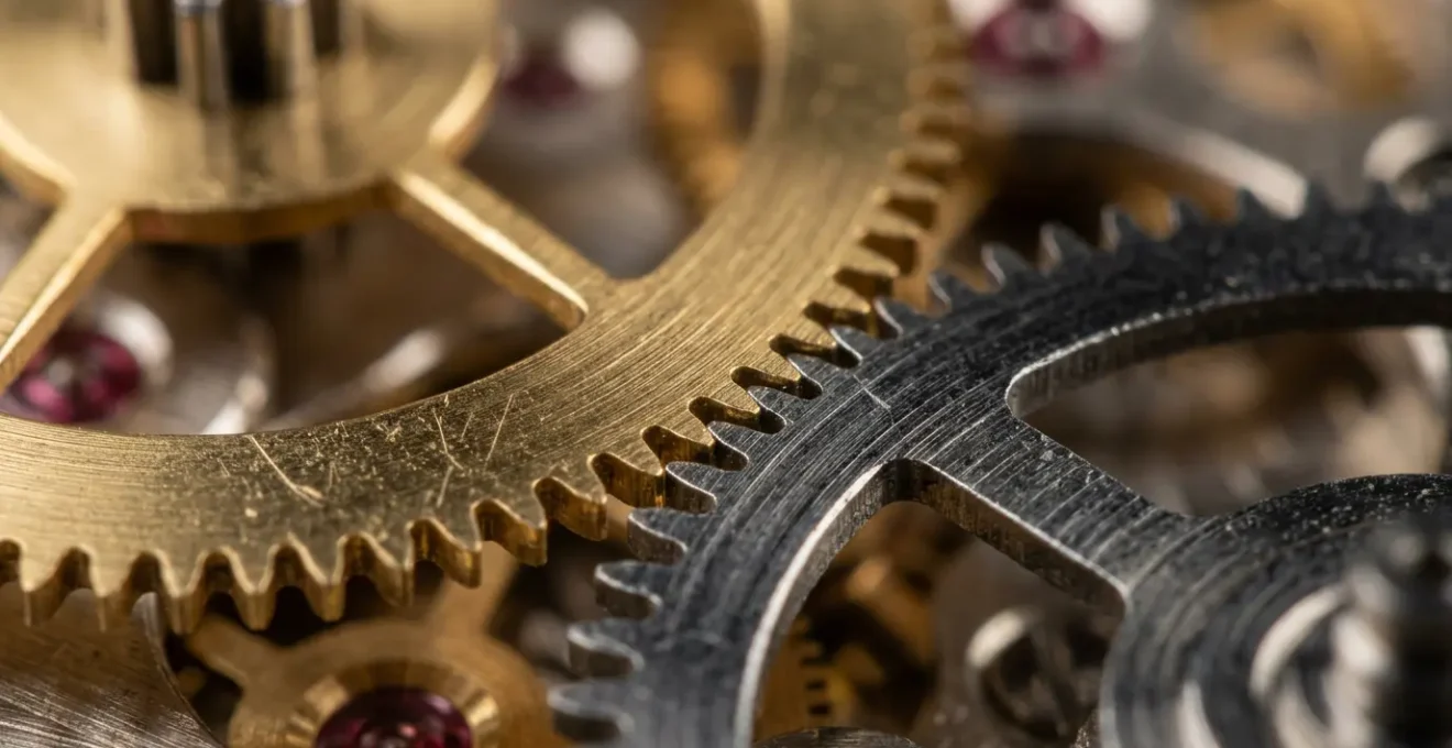 Vue macro détaillée d'un mécanisme horloger montrant l'interaction entre les engrenages et leurs tolérances micrométriques