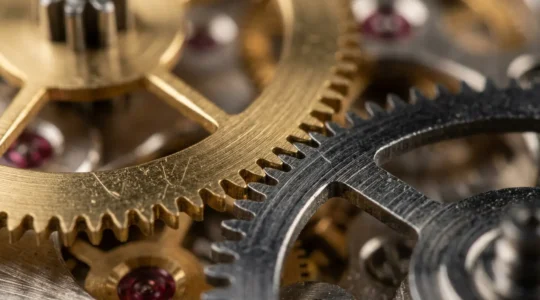 Vue macro détaillée d'un mécanisme horloger montrant l'interaction entre les engrenages et leurs tolérances micrométriques