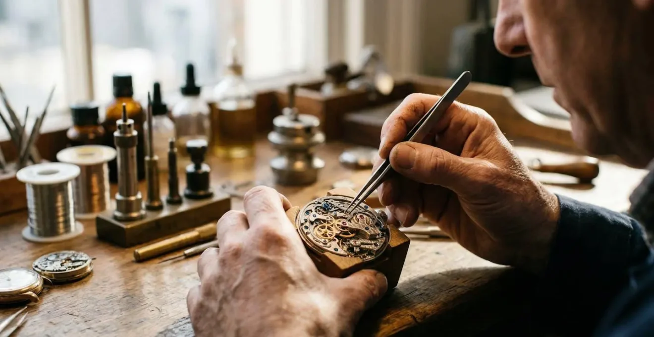 Mains d'horloger examinant un mouvement de montre sur établi professionnel