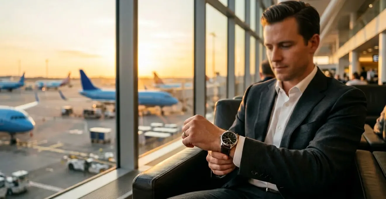 Un voyageur d'affaires consultant sa montre GMT dans un salon d'aéroport avec vue sur les pistes