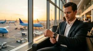 Un voyageur d'affaires consultant sa montre GMT dans un salon d'aéroport avec vue sur les pistes