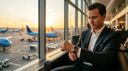 Un voyageur d'affaires consultant sa montre GMT dans un salon d'aéroport avec vue sur les pistes