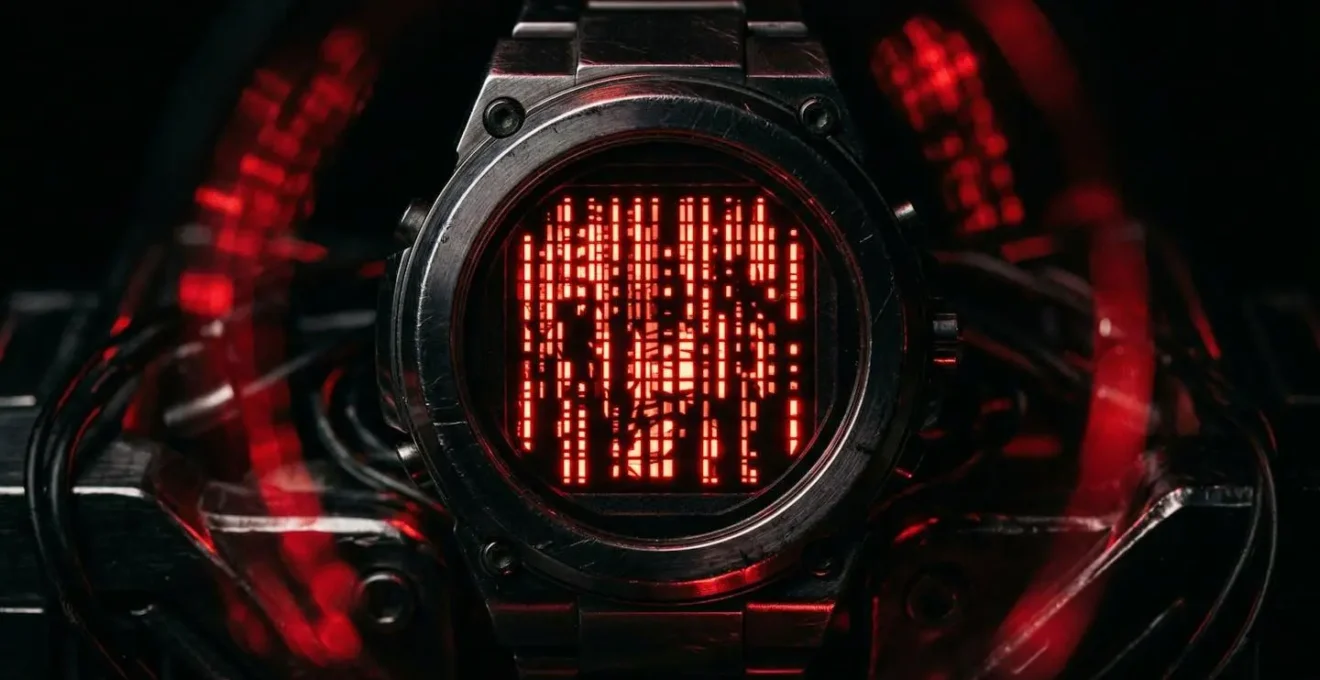 Affichage LED rouge brillant dans l'obscurité évoquant l'esthétique cyberpunk