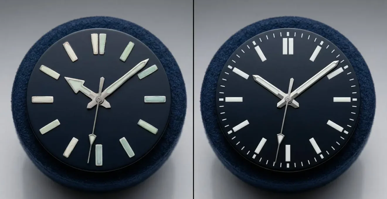 Comparaison côte à côte de deux cadrans de montre avec variations subtiles d'indices et de couleurs