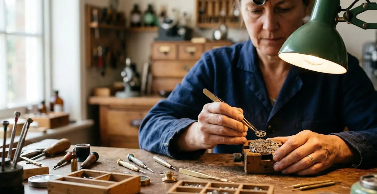 Mains d'horloger travaillant sur l'assemblage minutieux d'un mouvement de montre