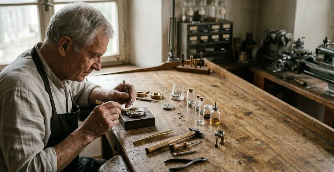 Horloger travaillant sur un établi avec ses outils traditionnels dans un atelier éclairé par la lumière naturelle