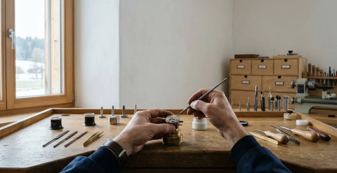 Horloger concentré travaillant à l'établi sur la finition d'un pont avec outils traditionnels, lumière naturelle