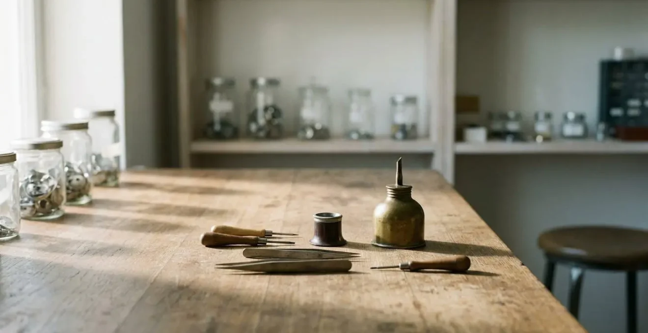 Vue grand angle d'un établi d'horloger avec outils traditionnels et lumière naturelle douce