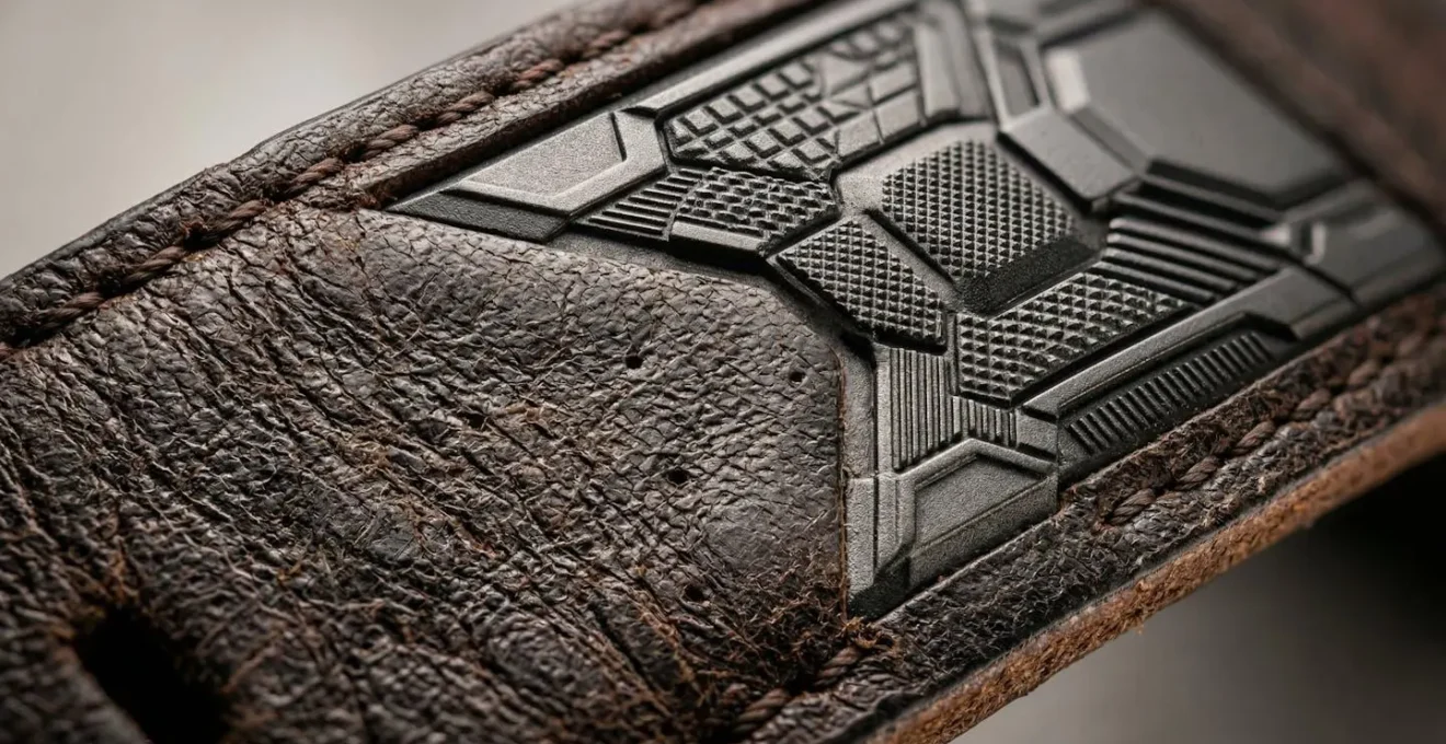 Gros plan sur un bracelet de montre intégrant des composants électroniques discrets, montrant la fusion entre tradition horlogère et technologie moderne
