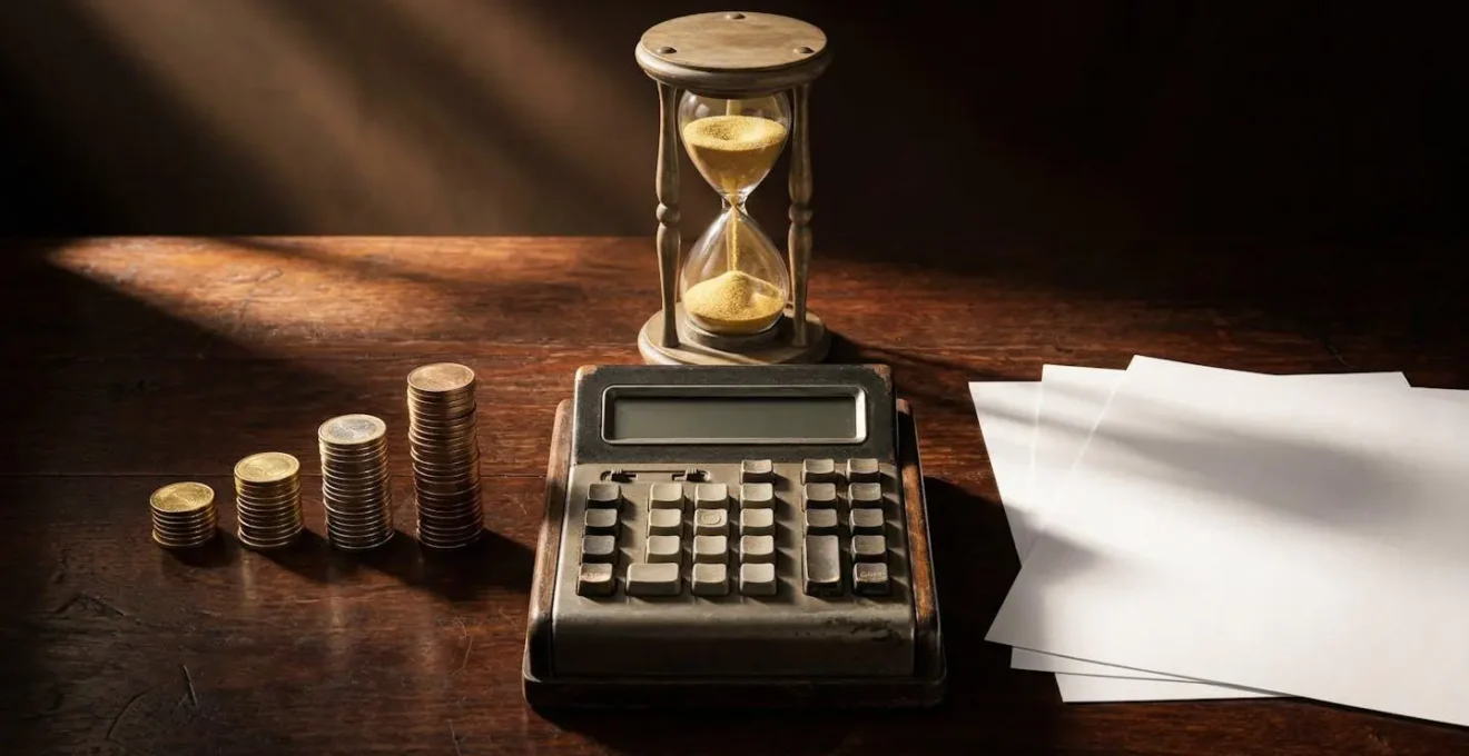 Calculatrice vintage et documents financiers sur bureau en bois symbolisant le calcul du coût d'opportunité d'un acompte pour une montre de luxe.