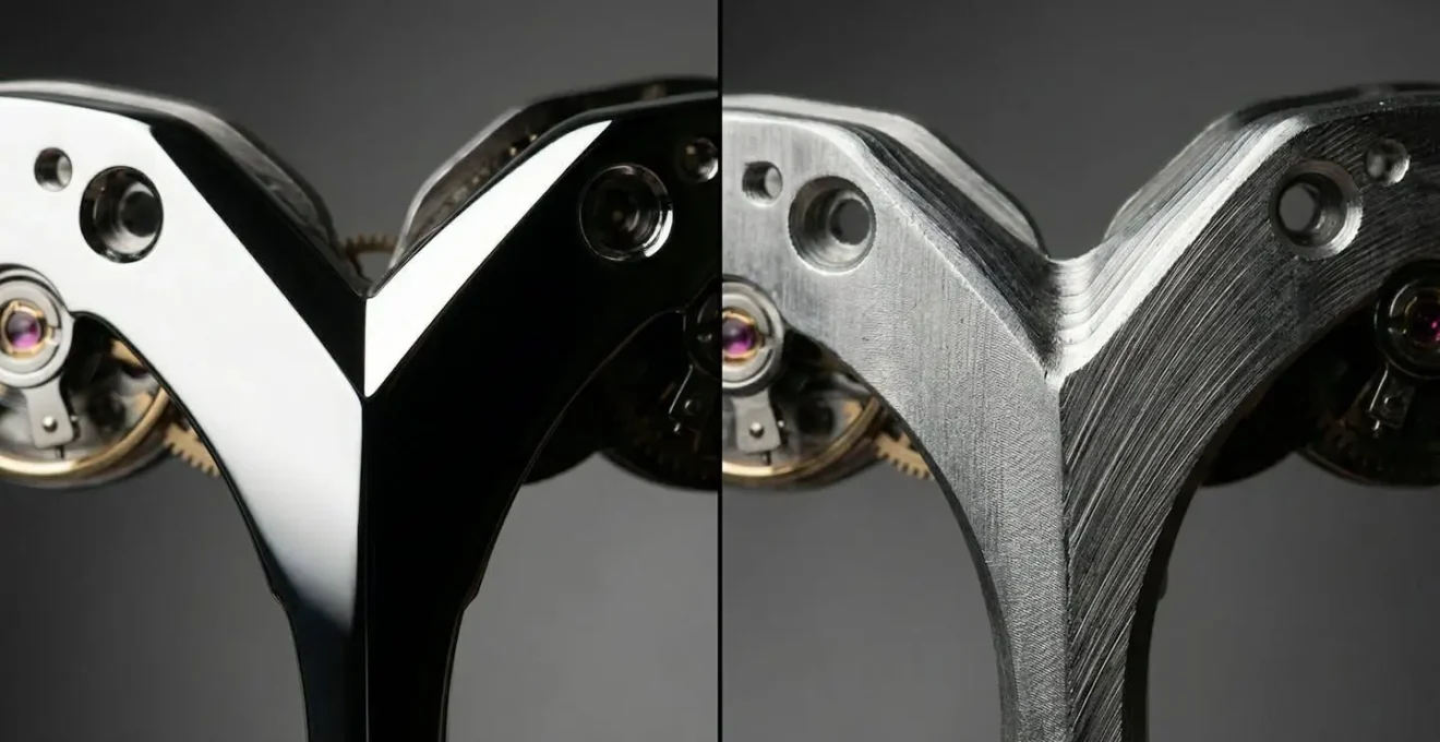 Comparaison côte à côte d'un angle rentrant poli main parfaitement net et d'un angle usiné CNC avec arrondi visible