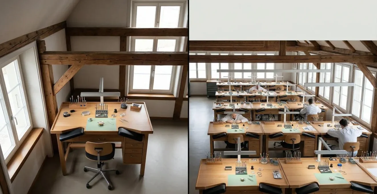 Vue aérienne minimaliste montrant deux espaces d'atelier horloger : un artisan solitaire et une manufacture organisée
