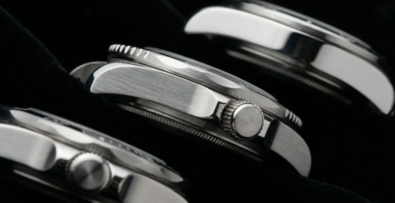 Gros plan sur trois montres en acier dans une vitrine éclairée