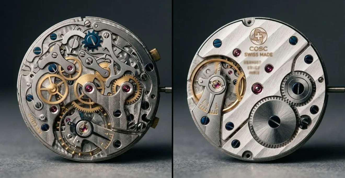 Comparaison visuelle entre un mouvement chronographe et un mouvement chronomètre certifié