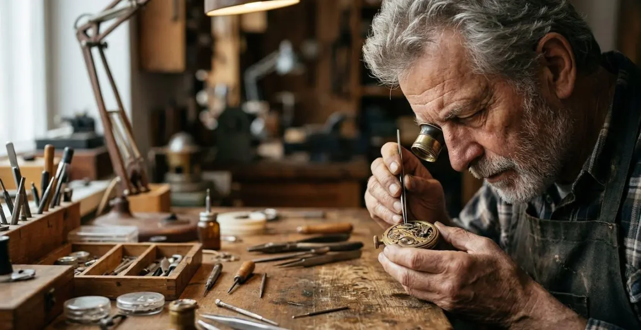 Expert horloger examinant méticuleusement une montre avec une loupe d'horloger