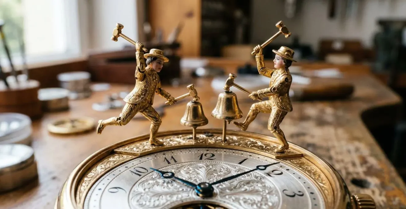 Automate jaquemart en action sur le cadran d'une montre à sonnerie, montrant les personnages miniatures animés
