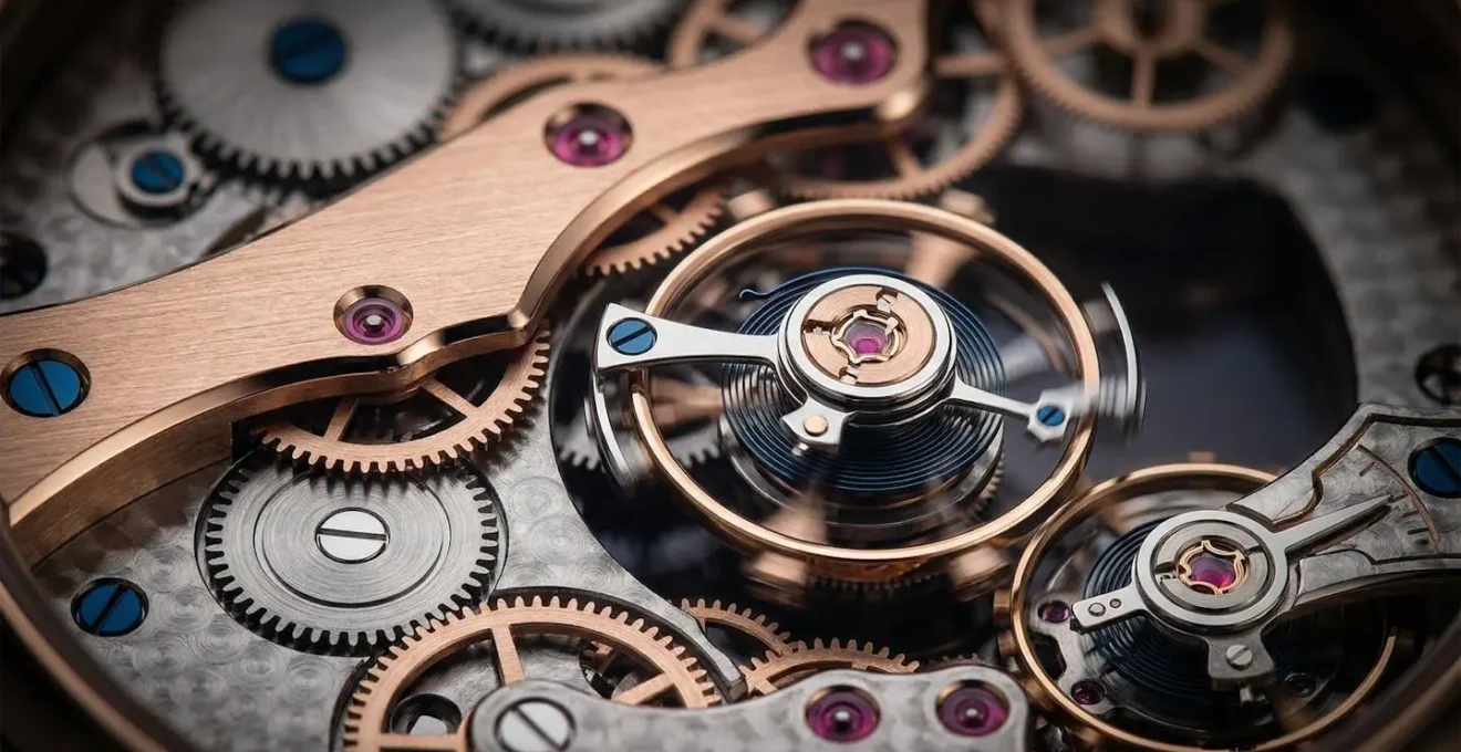 Vue macro d'un mouvement horloger complexe d'une montre indépendante futuriste