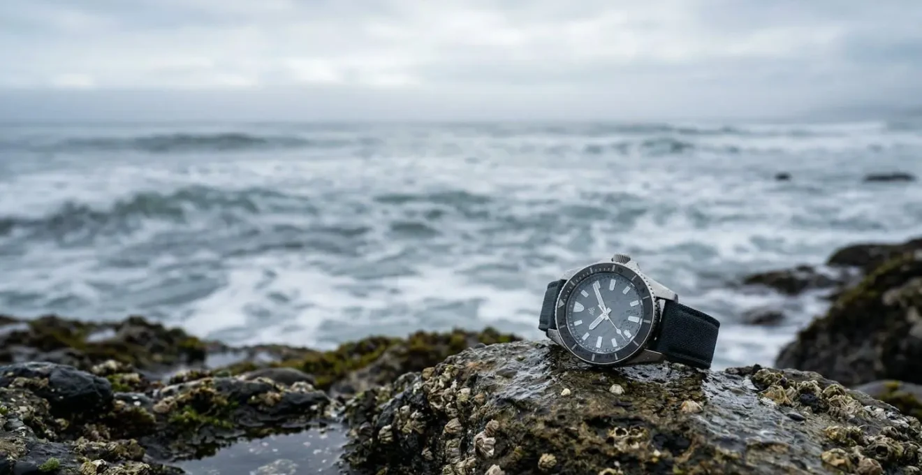 Montre de plongée posée sur rocher humide avec océan flou en arrière-plan