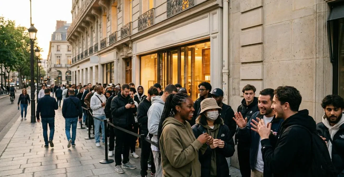 File d'attente devant une boutique horlogère parisienne avec vitrines illuminées et foule diverse