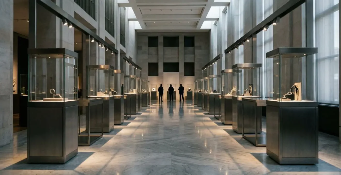 Vue intérieure minimaliste d'un musée horloger avec vitrines élégantes et éclairage muséal sophistiqué