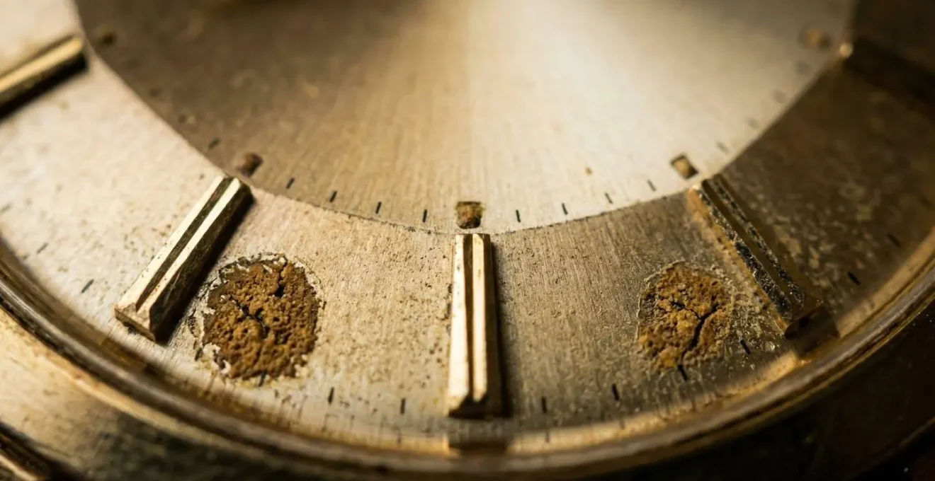 Détail macro du cadran patiné d'une Omega Constellation vintage années 60
