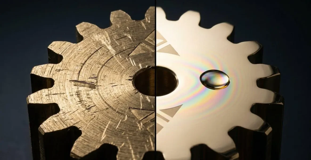 Détail microscopique montrant la différence entre une surface d'engrenage polie et non polie