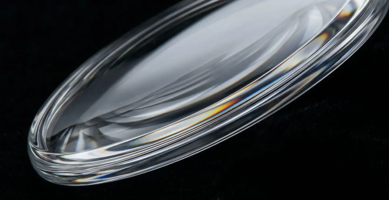 Vue macro détaillée d'un verre saphir bombé type glassbox avec ses distorsions caractéristiques