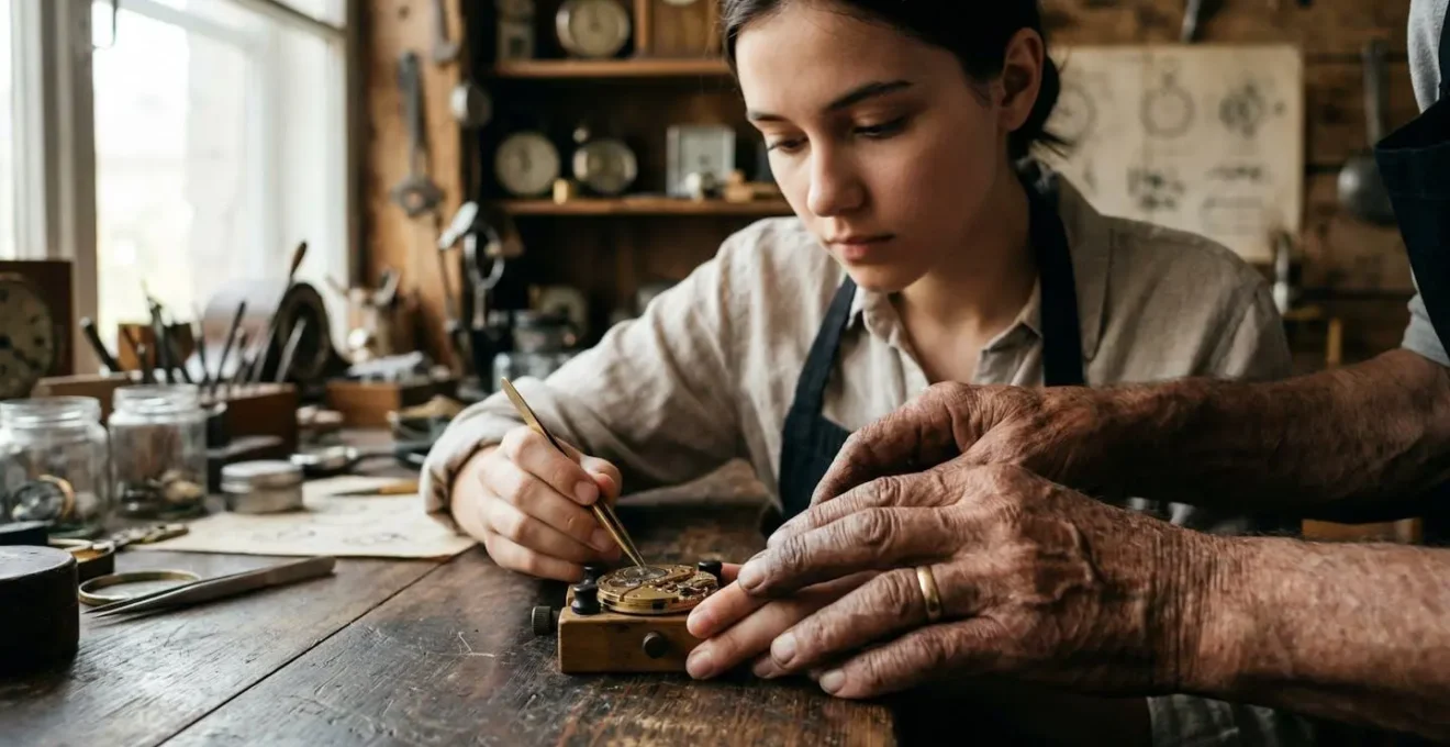 Un maître horloger transmettant son expertise à un jeune apprenti dans un atelier traditionnel