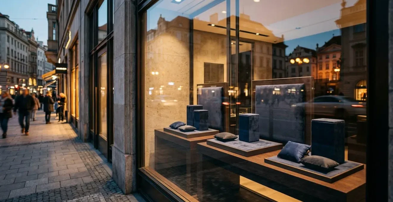 Vitrine de boutique horlogère au crépuscule avec des présentoirs vides, évoquant l'attente et l'anticipation.