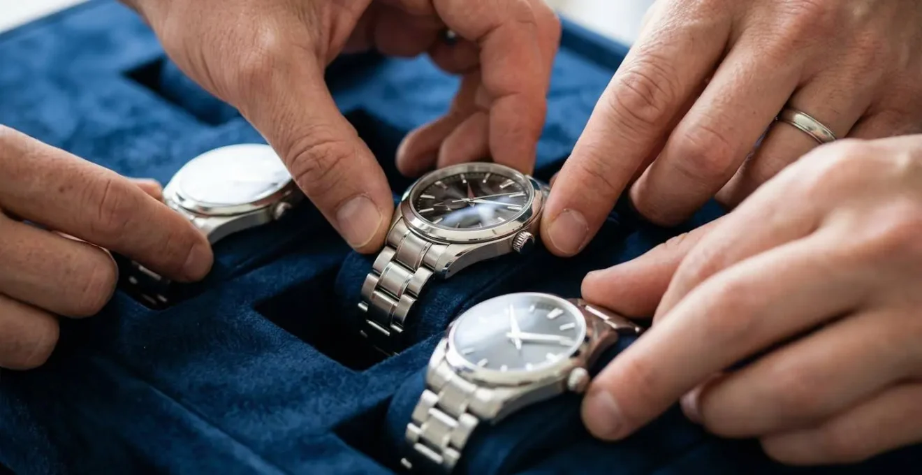 Mains disposant délicatement des montres sur un coussin de velours pour une photo collective