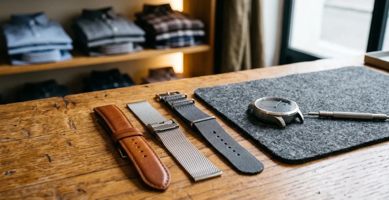 Trois bracelets de montre en cuir, maille d'acier et textile posés côte à côte avec un boîtier de montre et un outil à barrettes.