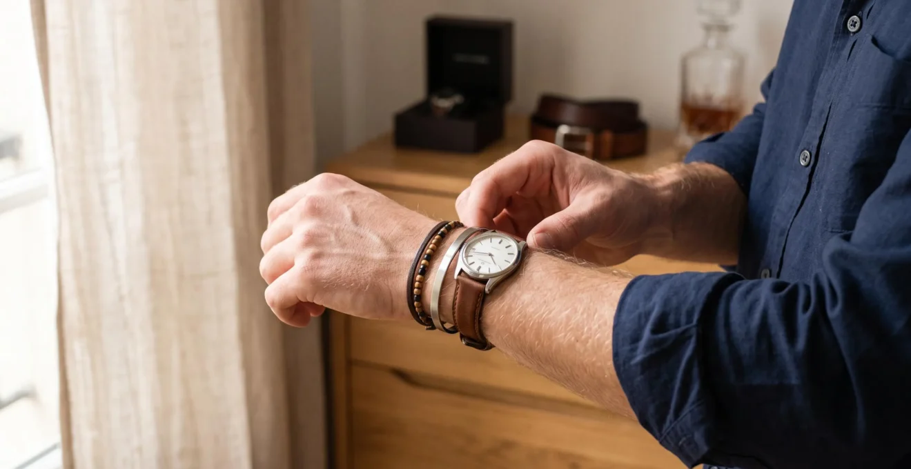Un homme ajuste sa montre en cuir et un bracelet fin en acier sur son poignet, près d'une fenêtre baignée de lumière.
