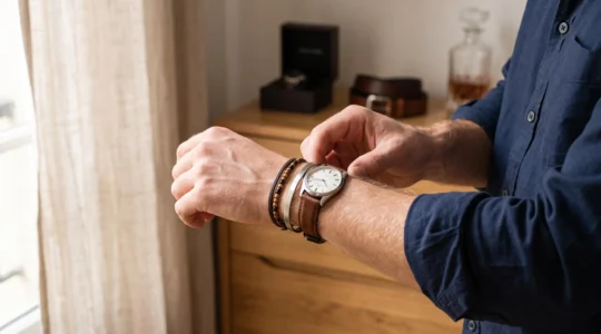 Un homme ajuste sa montre en cuir et un bracelet fin en acier sur son poignet, près d'une fenêtre baignée de lumière.