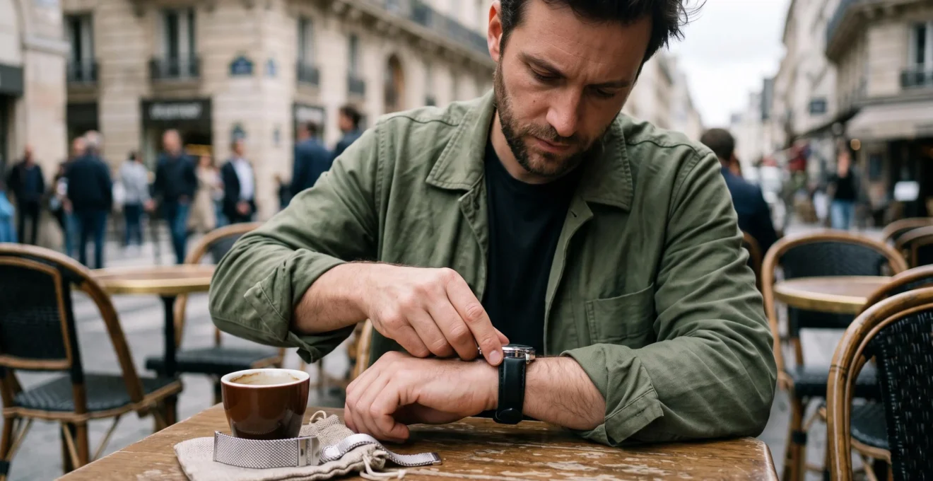 Un homme change lui-même le bracelet de sa montre en appuyant sur le système de liberation rapide, attable en terrasse.